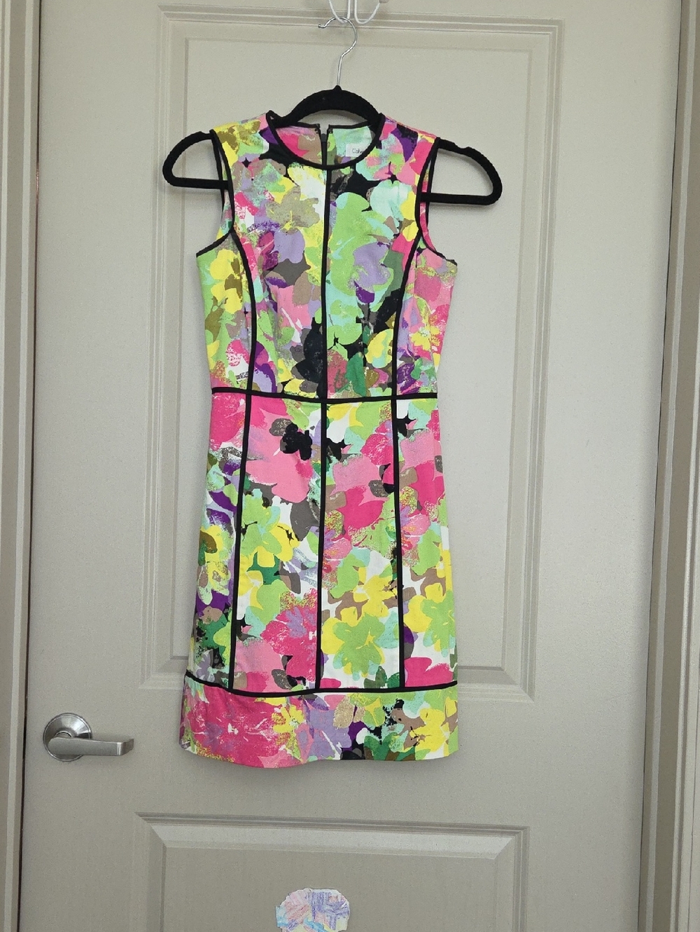 Calvin Klein Neon Floral Print Dress with Black Trim